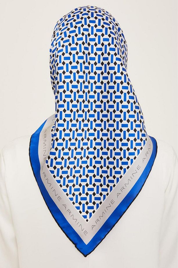 Saks Mavi-Siyah Geometrik Desen Sura İpek Eşarp 9151-38 - 4