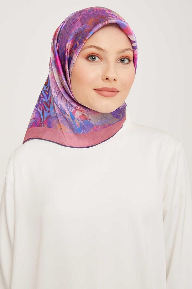 Pembe Vintage Desenli Tivil İpek Eşarp 9041-02 - 1