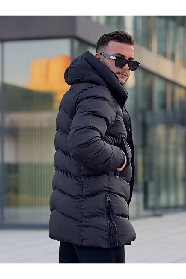 ЧОЛОВІЧЕ ЗИМОВЕ ДОВГЕ ПАЛЬТО З КАПЮШОНОМ І БІЧНОЮ ЗАСТІБКОЮ-БЛИСКАВКОЮ - 4