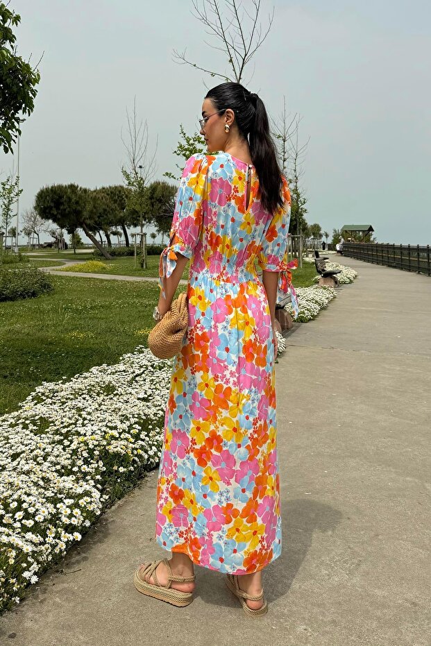 Natural Viscose Patterned Slit Long Orange Dress - 4