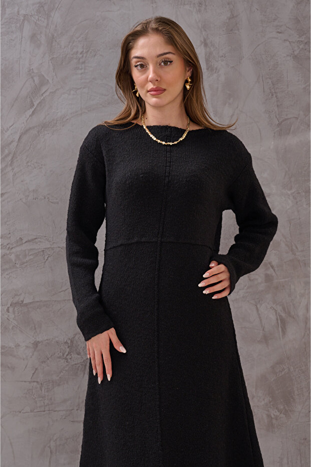 KADIN ÖNÜ DİKİŞ DETAYLI RAHAT KALIP EXTRA YUMUŞAK MİDİ BOY TRİKO ELBİSE - 1