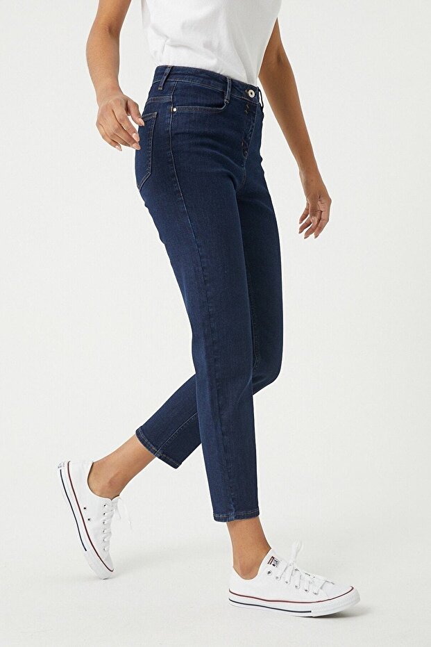 Mom Dark Blue Lycra Mom Super High Waist Mom Jeans
