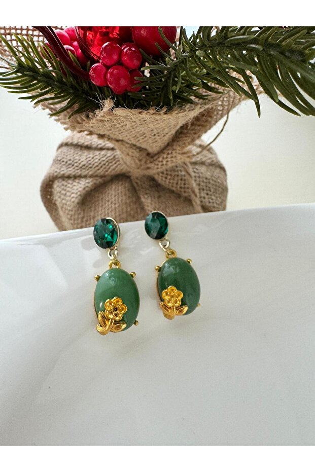 Green Oval Jewelled Floral Earrings
