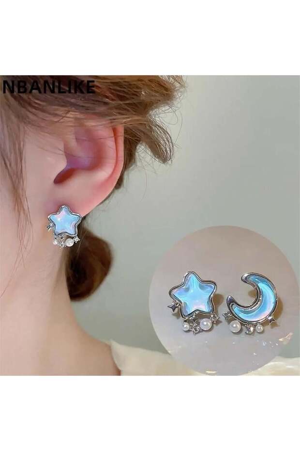 Blue Mother-of-Pearl Embellished Crescent Moon and Star Earrings