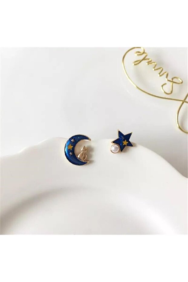 Blue Cat Sitting on the Moon and Star Earrings