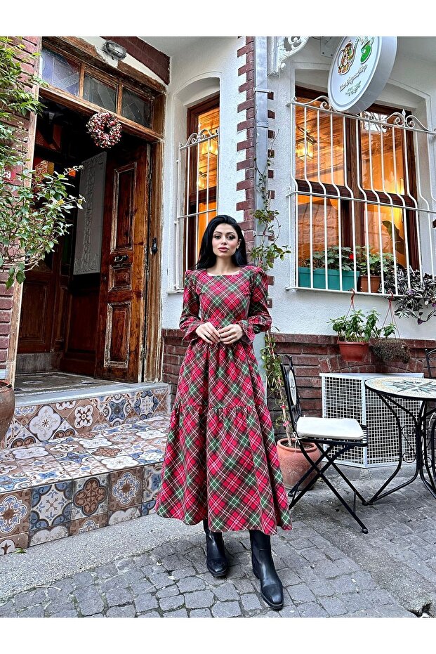 Red Plaid Layered Square-Neck Women's Dress