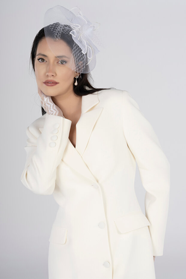 White Long Jacket Dress with Double Breasted Neckline Pockets | Elegant Choice for Wedding, Bride, Promise and Home Exit