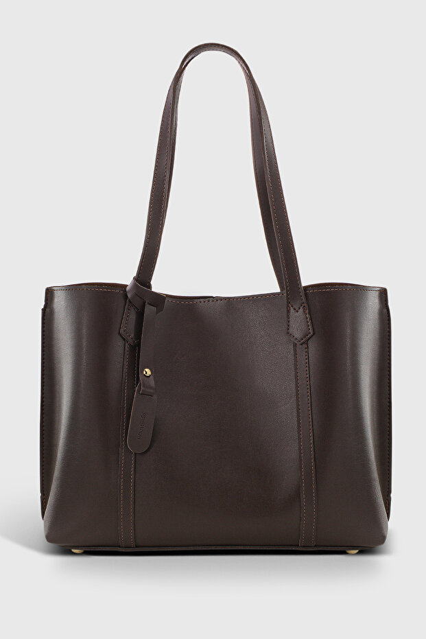 Brown Leather Look Women's Shopper Bag with 3 Compartments - 269