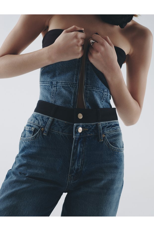 Crop Jeans Strapless Top Corset Look Color Contrast Zipped