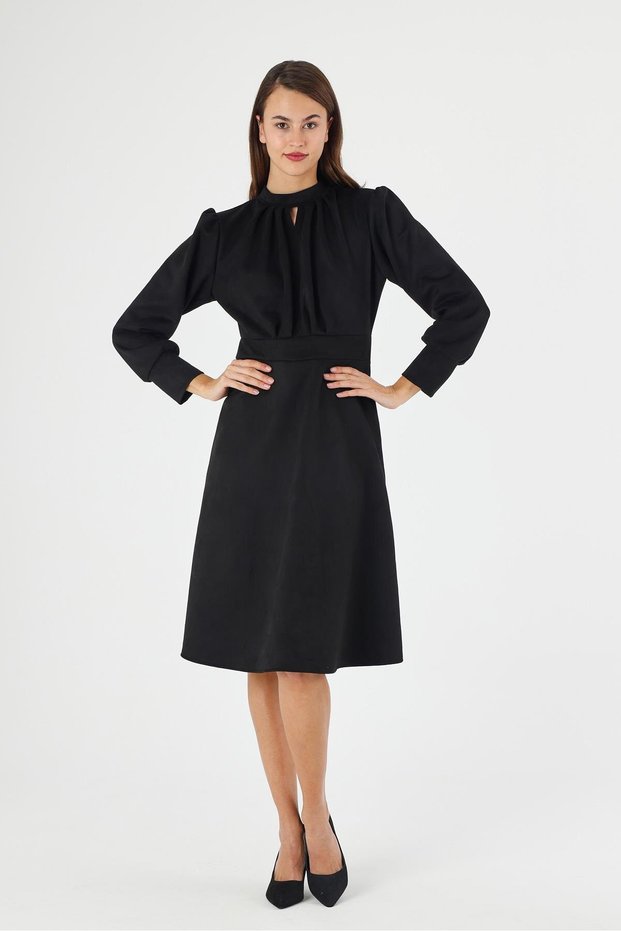 Apsen Women's Suede Black High Neck Pleated Detail Long Sleeve Midi Length Winter Dress 4412-110