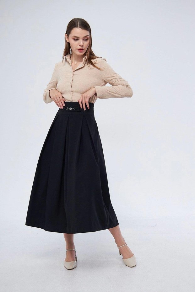 Apsen Women's Black Metal Accessory Detailed Seasonal Flared Hijab Skirt 2054-90