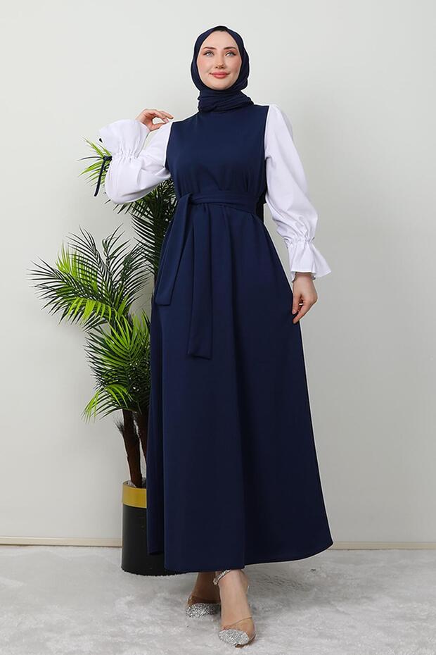 Sleeve Detail Belted Dress Navy Blue