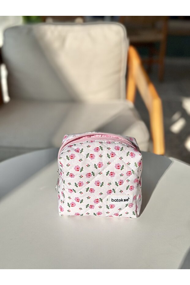 حقيبة مكياج صغيرة منقوشة بالزهور الوردية - حجم صغير - 3