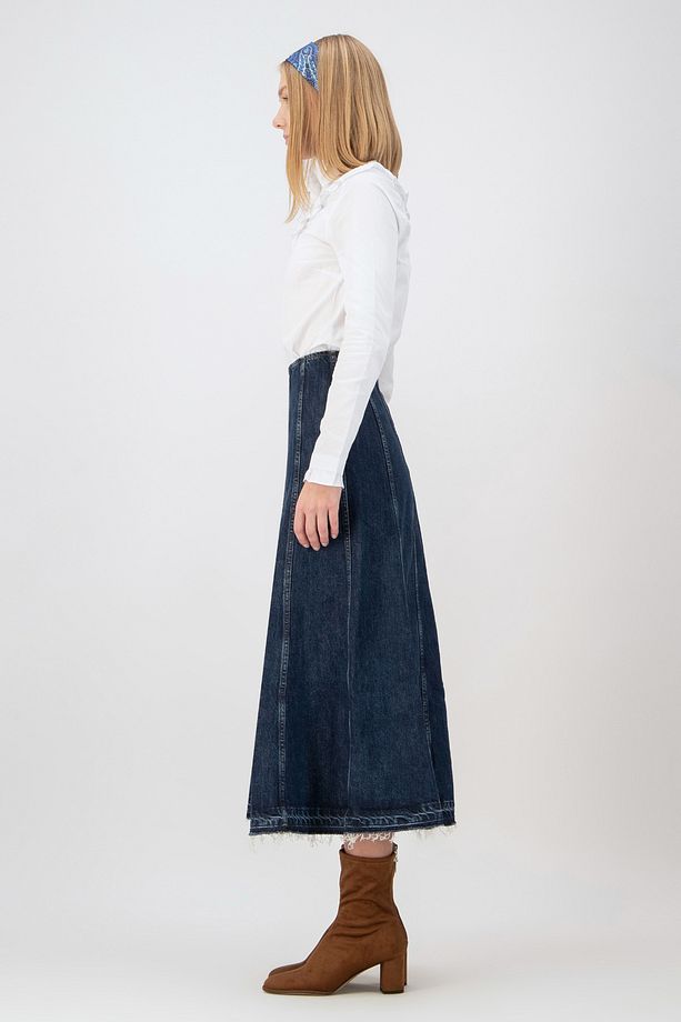 Flare A-Line Fit Midi Boy Orta İndigo Kadın Jean Etek - 5