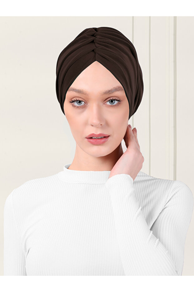 Plain Drawstring Practical Hijab Bonnet - Brown - 1