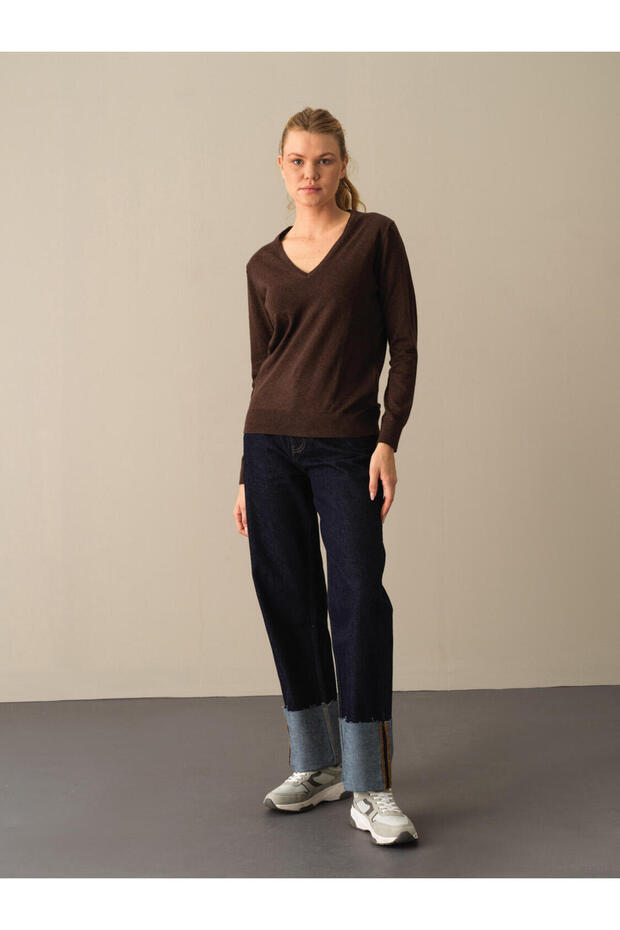 Kadın Kahve-melanj V Yaka %100 Pamuk Regular Fit Basic Kazak - 1