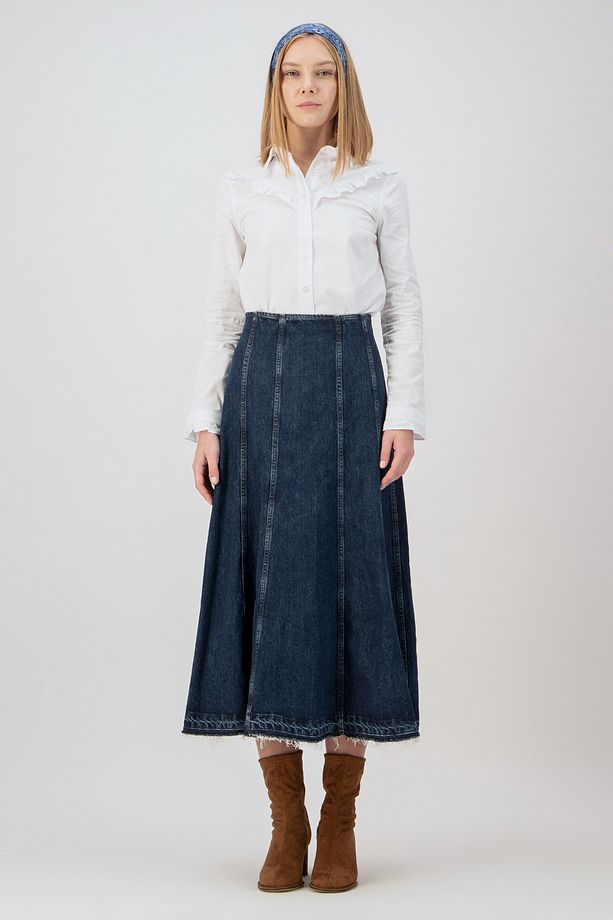 Flare A-Line Fit Midi Boy Orta İndigo Kadın Jean Etek - 4