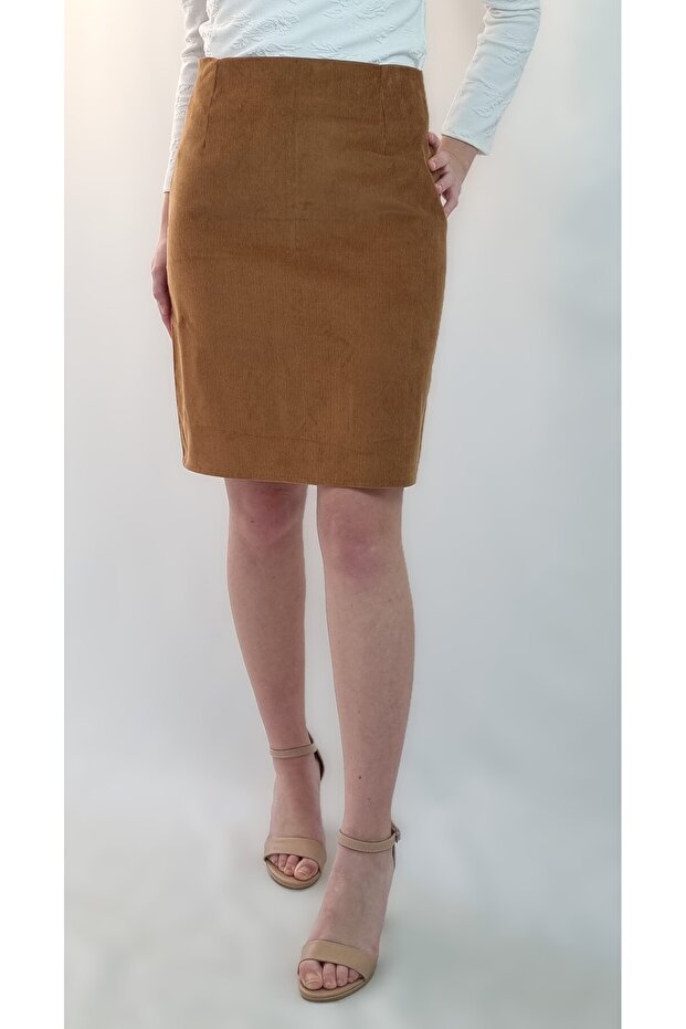 Camel Velvet Cornered Pencil Skirt