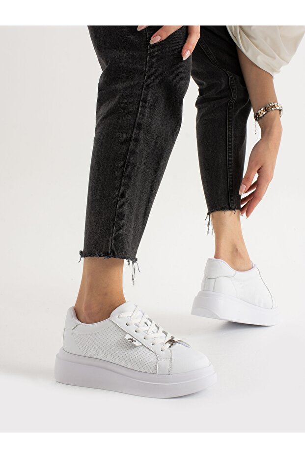 Osim White Genuine Leather Lace-Up Women's Sneakers