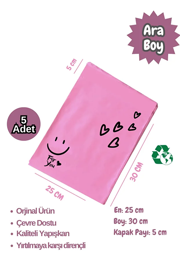 5 Adet 25x30+5 Ara Boy Fuşya Kargo Poşeti Cepsiz Hediye Paketleme Poşeti - 1