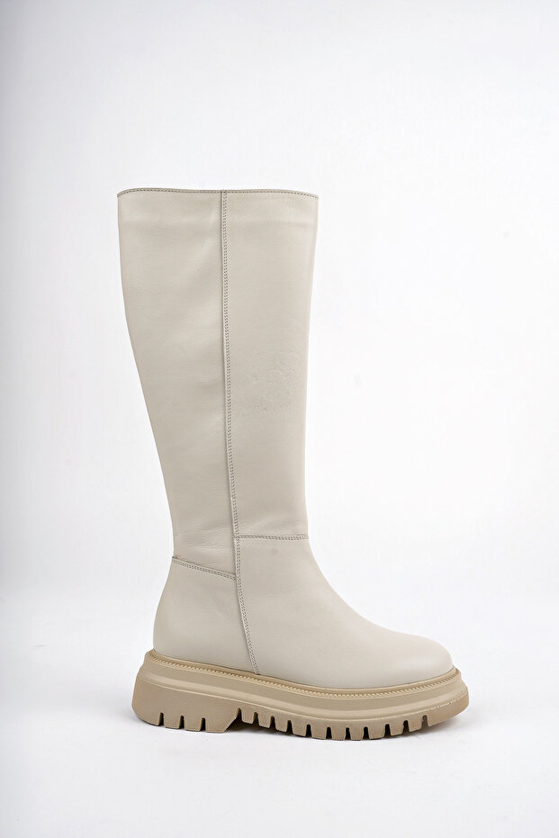 Beige Genuine Leather Women's Boots