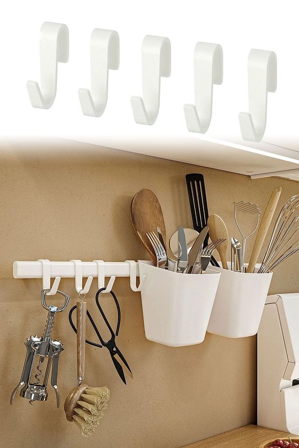 Mutfak Rayı Askı Kancası 5 Adetli Set Plastik Beyaz RD052 - 1