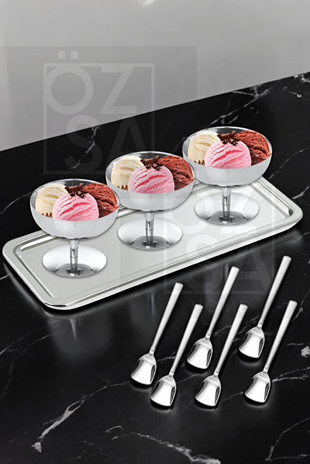10 Piece Ice Cream Serving Set with Stand, Ice Cream Dessert Bowl, Tray, Ice Cream Spoon Set, Steel