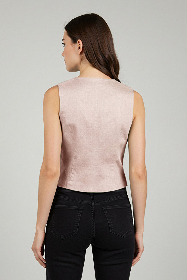 Bej Fitted Keten Görünümlü V Yaka Crop Yelek TWOSS25YE00028 - 11