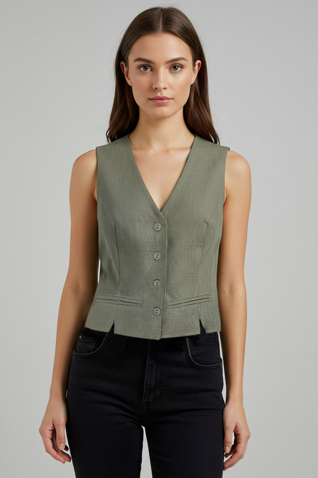 Açık Haki Fitted Keten Görünümlü V Yaka Crop Dokuma Yelek TWOSS25YE00028 - 10