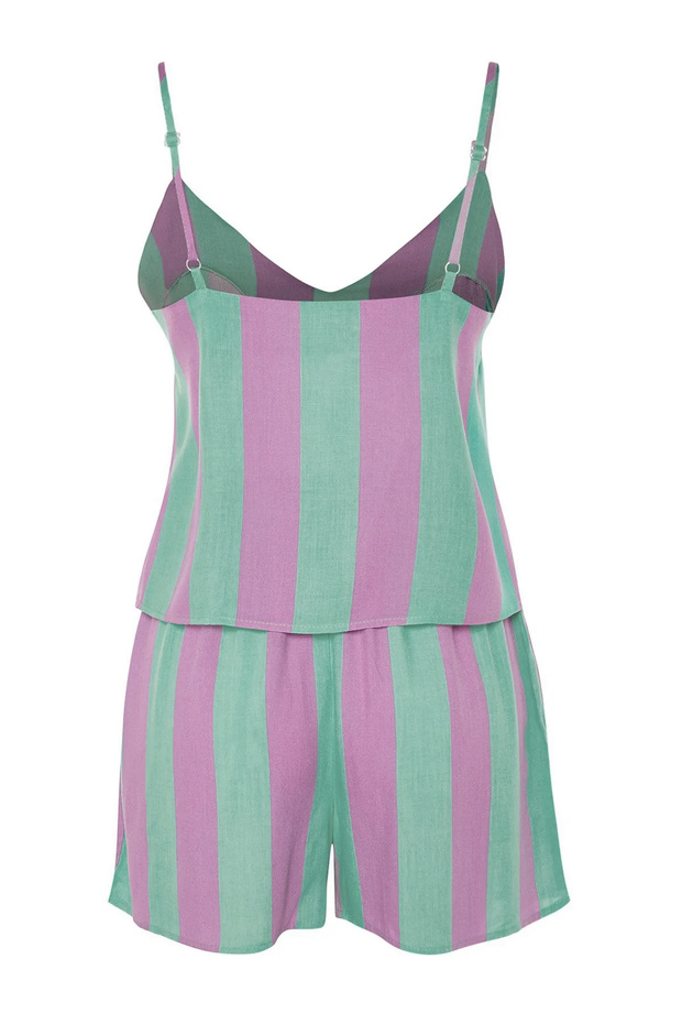 Çok Renkli Çizgili İp Askılı Viskon Şortlu Dokuma Pijama Takımı THMSS23PT00225 - 9