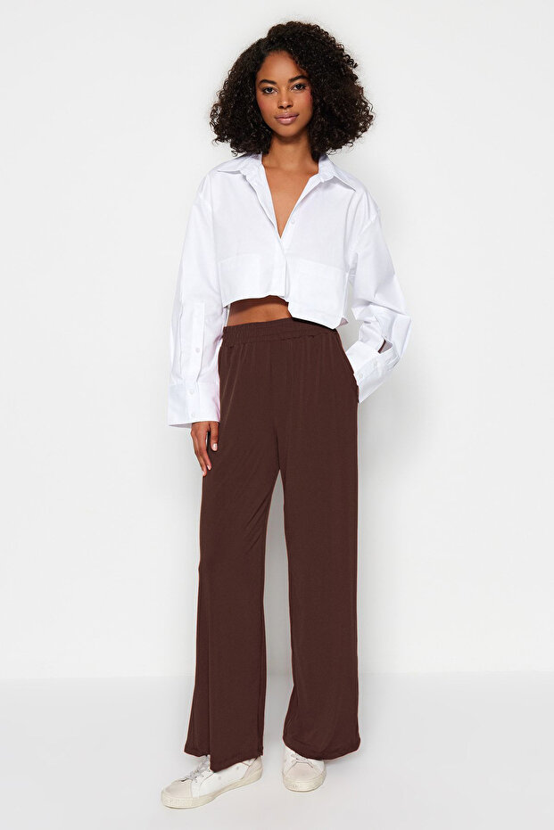 Kahverengi Wide Leg/Rahat Kesim Yüksek Bel Esnek Pantolon TWOSS23PL00129 - 4