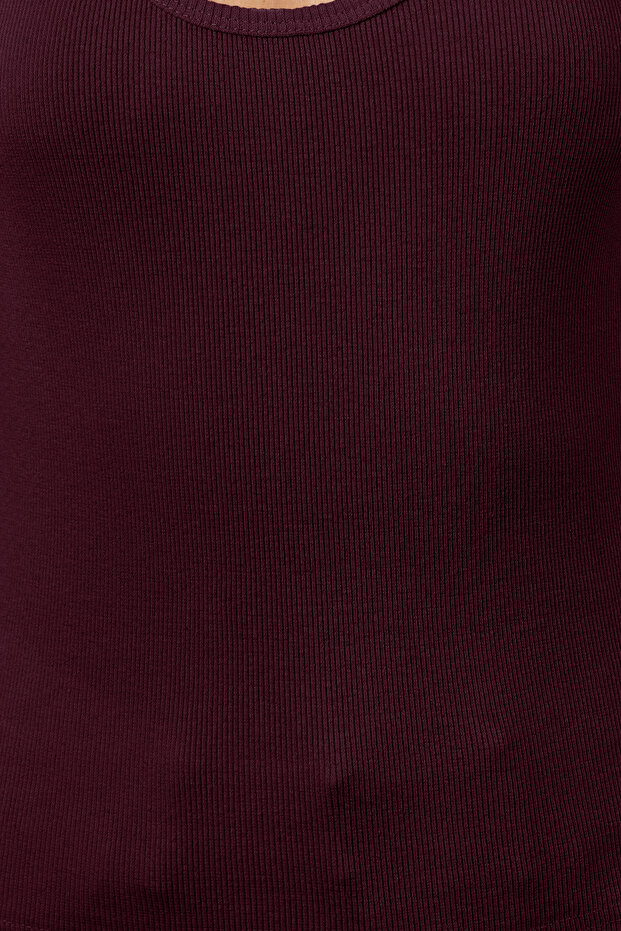 Bordo Fitted/Vücuda Oturan Havuz Yaka Fitilli Esnek Örme Atlet TWOSS22AL0042 - 3