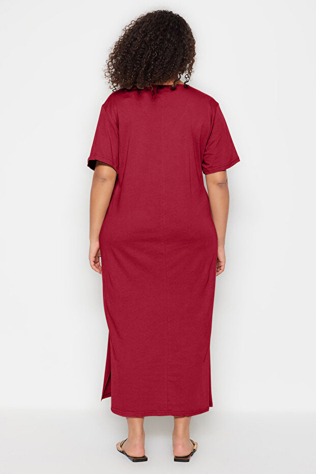 Kırmızı V Ykaka Yırtmaçlı %100 Pamuk Örme Büyük Beden Elbise TBBSS22AH0163 - 5