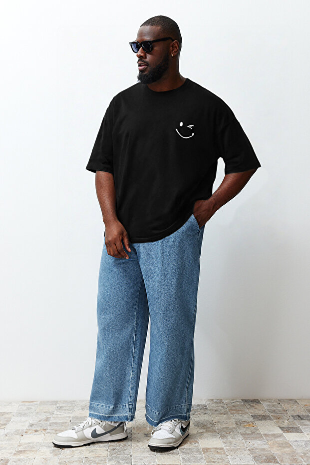 Büyük Beden Siyah Oversize/Geniş Kesim %100 Pamuklu T-Shirt TMNSS25BF00005 - 1