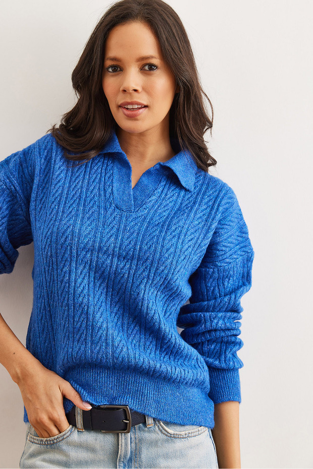 Women's Cobalt Blue Polo Neck Hair Braided Knitwear Sweater Kzk- 19000881