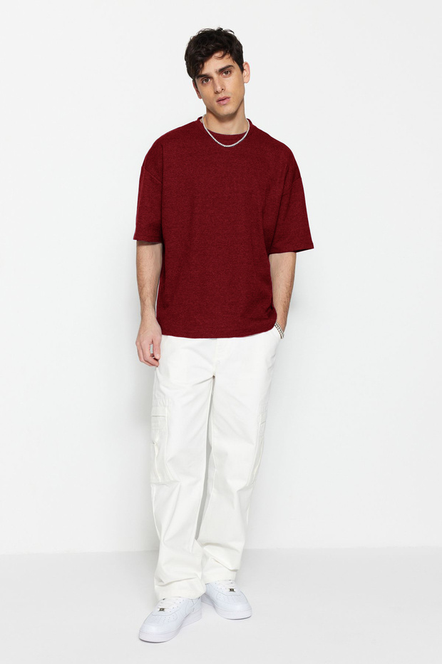 Basic Bordo Oversize/Geniş Kesim Dokulu Waffle Kısa Kol T-Shirt TMNSS22TS00049 - 4