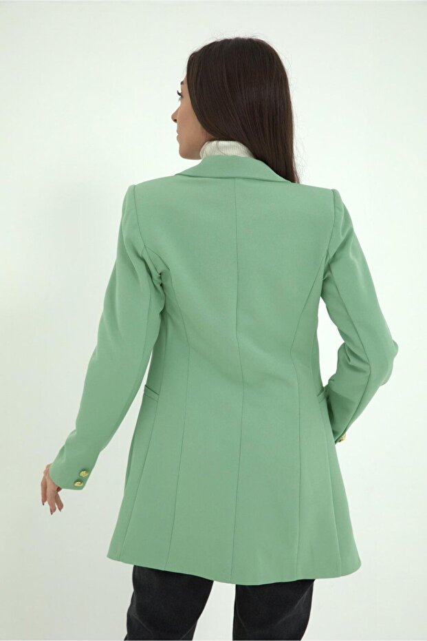 Mint Green Women's Blazer Jacket - Atlas Fabric with Padded Shoulders and Snaps on the Front