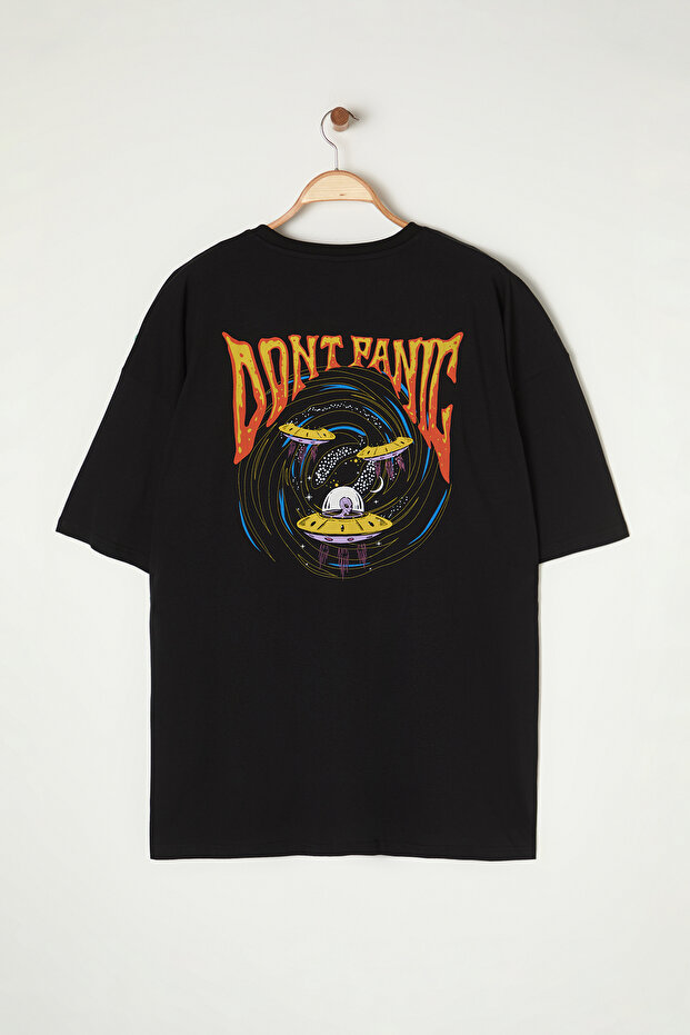 Büyük Beden Siyah Oversize/Geniş Kesim Uzay Baskılı %100 Pamuklu T-Shirt TMNSS25BF00017 - 3