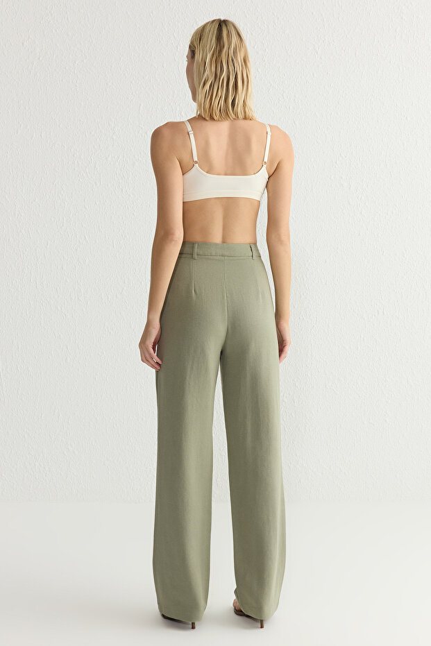 Haki Keten Görünümlü Wide Leg/Geniş Paça Dokuma Pantolon TWOSS25PL00018 - 5