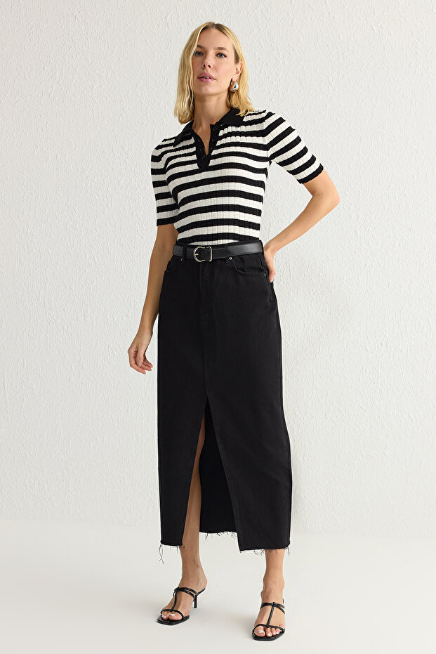 Siyah*001 Basic Polo Yaka T-Shirt Görünümlü İnce Bluz TWOSS20BZ0112 - 3