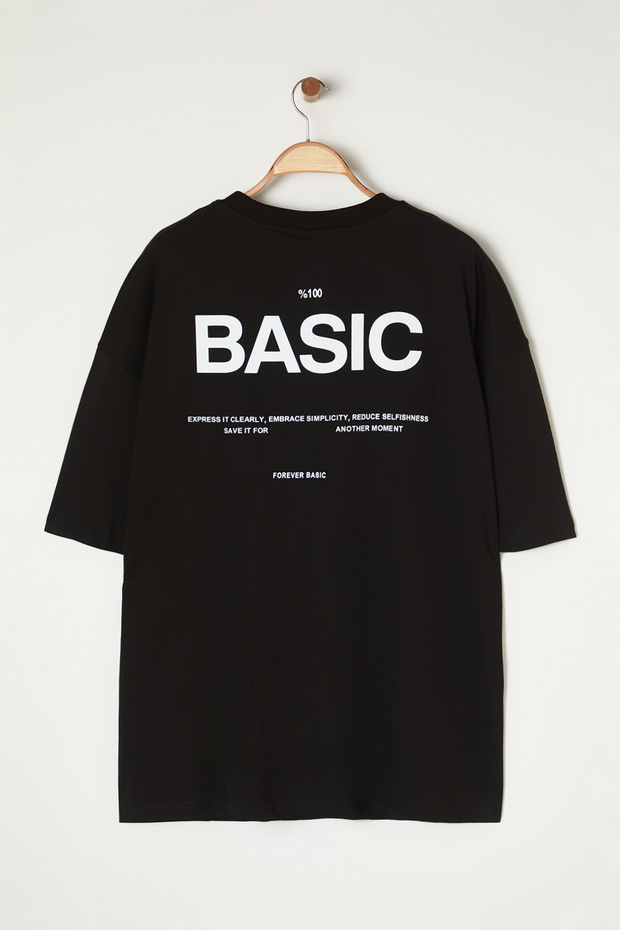 Siyah Oversize/Geniş Kesim Bisiklet Yaka Sırt Baskılı Büyük Beden T-Shirt TMNSS25BF00004 - 3