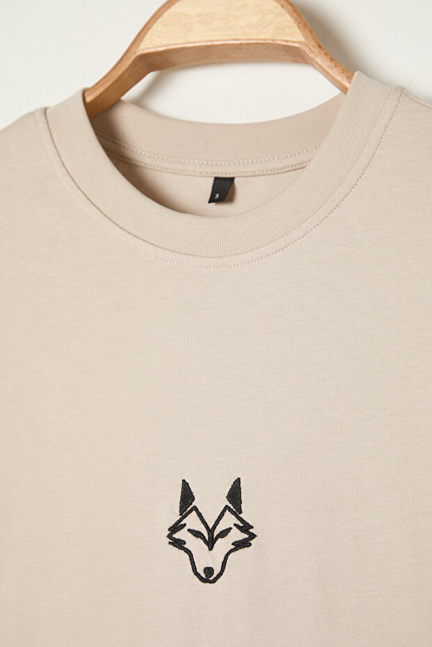 Taş Regular/Normal Kesim Kurt Nakışlı %100 T-Shirt TMNSS24TS00056 - 5