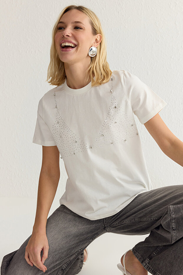 Ecru Stone Detailed 100% bavlna Regular Fit tričko - Twoss25Ts00016 - 2