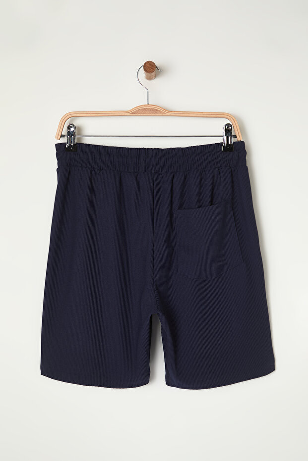Basic Lacivert Regular/Normal Kesim Orta Boy Bağcıklı Dokulu Kırışmaz Ottoman Şort TMNSS23SR00039 - 14