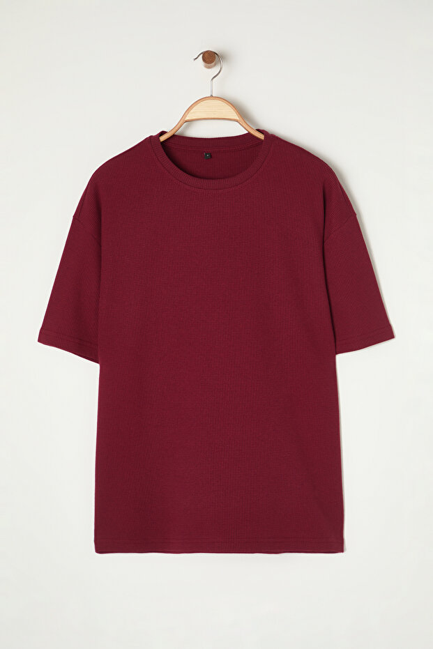 Basic Bordo Oversize/Geniş Kesim Dokulu Waffle Kısa Kol T-Shirt TMNSS22TS00049 - 7