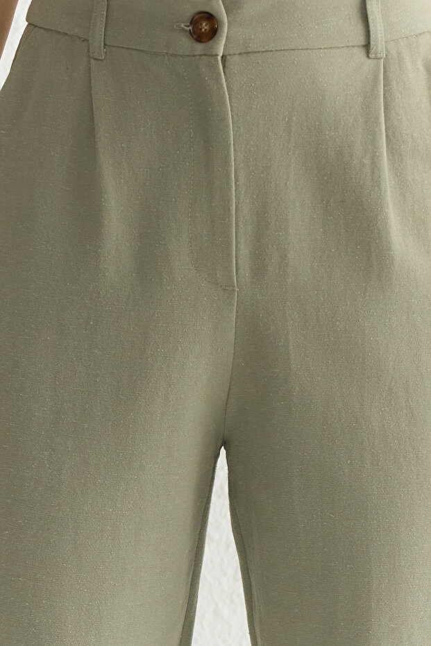 Haki Keten Görünümlü Wide Leg/Geniş Paça Dokuma Pantolon TWOSS25PL00018 - 3