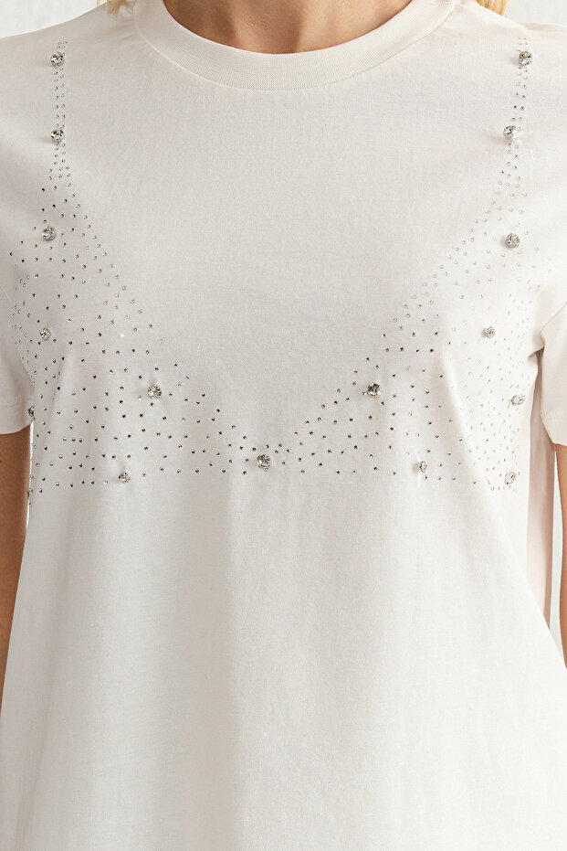 Ecru Stone Detailed 100% bavlna Regular Fit tričko - Twoss25Ts00016 - 4