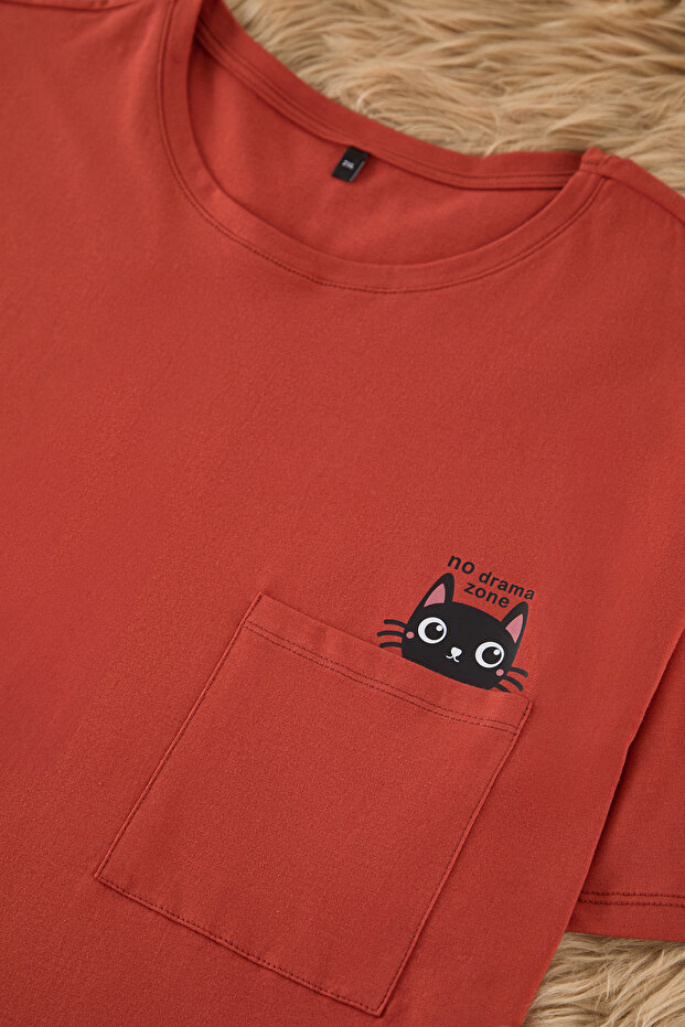 Kiremit Kedi Baskılı Örme Pijama Takımı TBBSS24AI00035 - 3