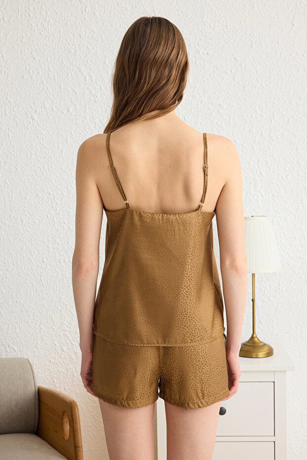 Kahverengi Leopar Desenli Saten Şortlu Dokuma Pijama Takımı THMSS25PT00058 - 5