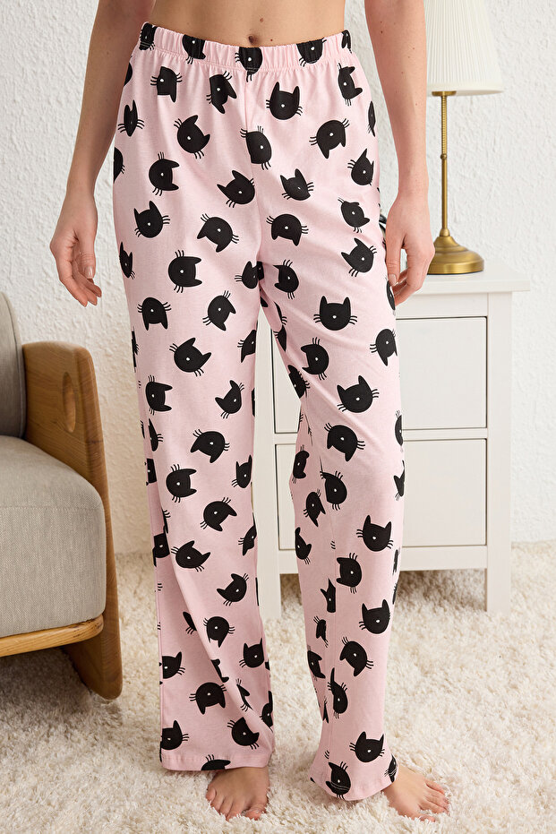 Pembe %100 Pamuklu Kedi Desenli Örme Pijama Takımı THMSS25PT00161 - 4
